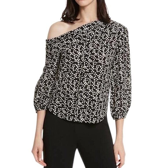 SALONI - NWT Women’s ‘Ness’ Silk Off-Shoulder Top in Mono Knots, Black Size 0 US - Picture 1 of 15